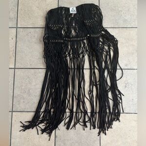 UNIF Black Fringe Crochet Vest with Stud Details